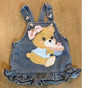 Baby Girl 0-3 Months Denim Jumper Dress Teddy Bear Applique Ruffle Hem Overall